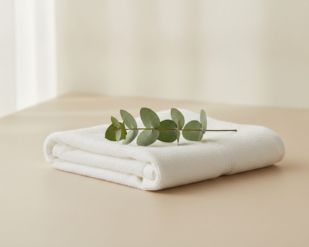 Fresh eucalyptus sprig and folded white towel on a pale neutral surface